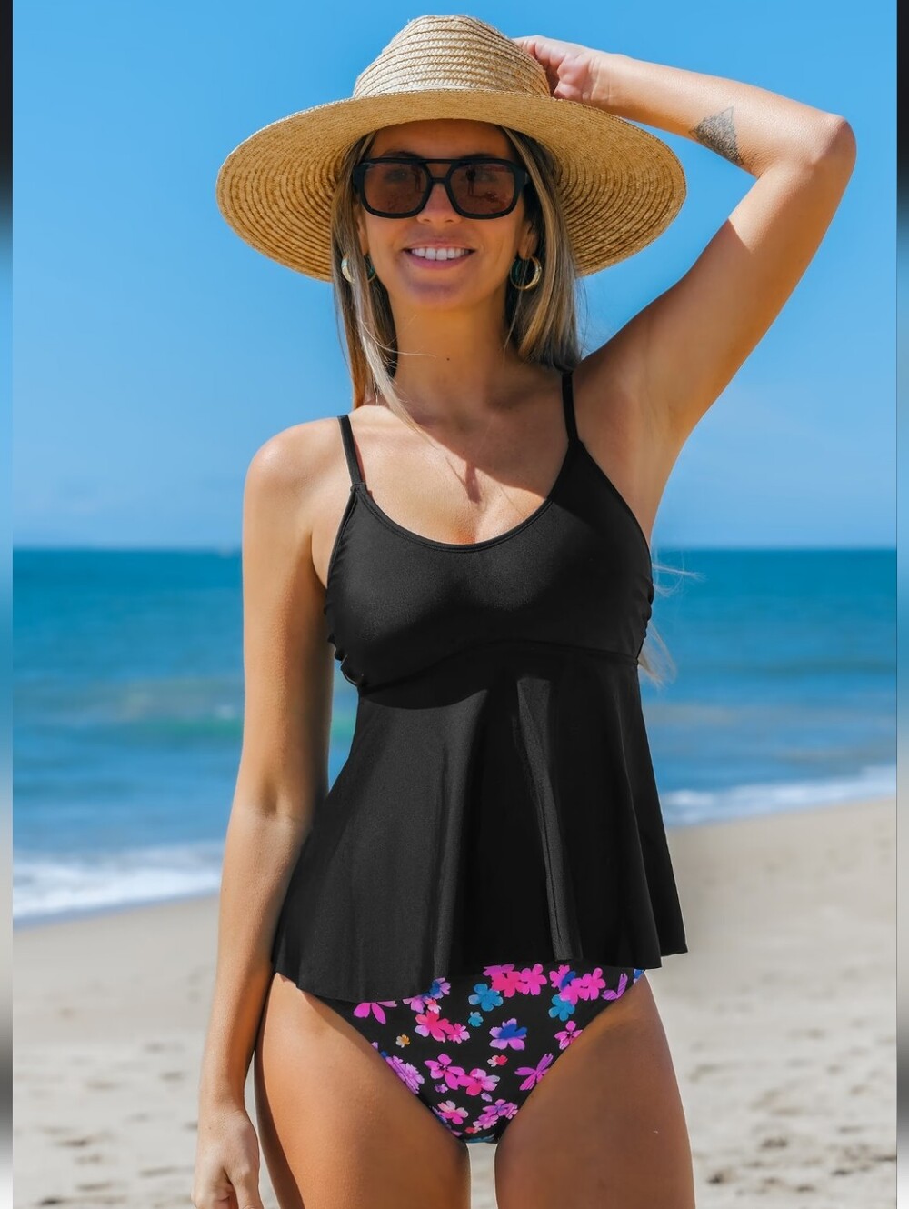 Women's 2 Piece Swimming Suit With Pink Flowers & Black Top - Cupshe - L